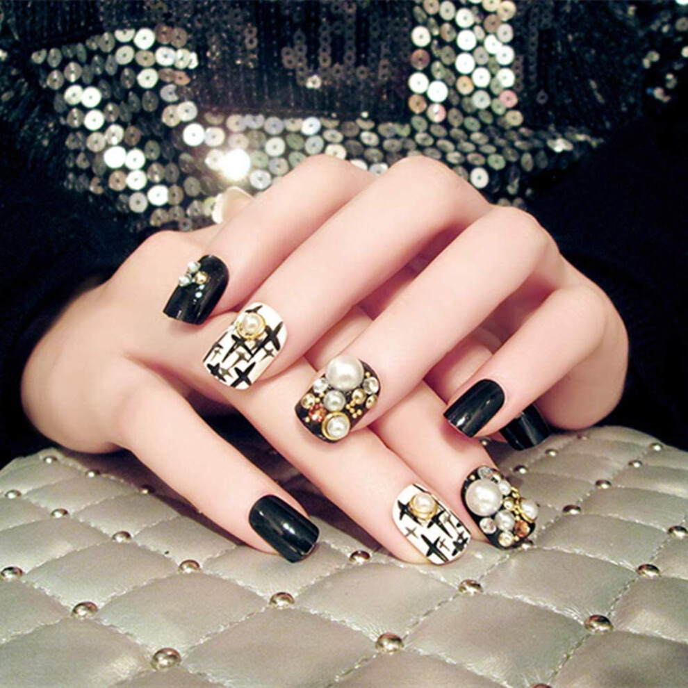 White Skull Designs Press On Nails, 3D Flower Design Square Short Fake Nails With Glitter Decoration, Artificial False Nail Art Tips Glossy Glue On