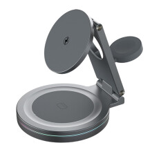 Metal Rotating Charging Stand For Phone And Smartwatch 3In1 Auto Dimming Lights Compact Foldable Gray