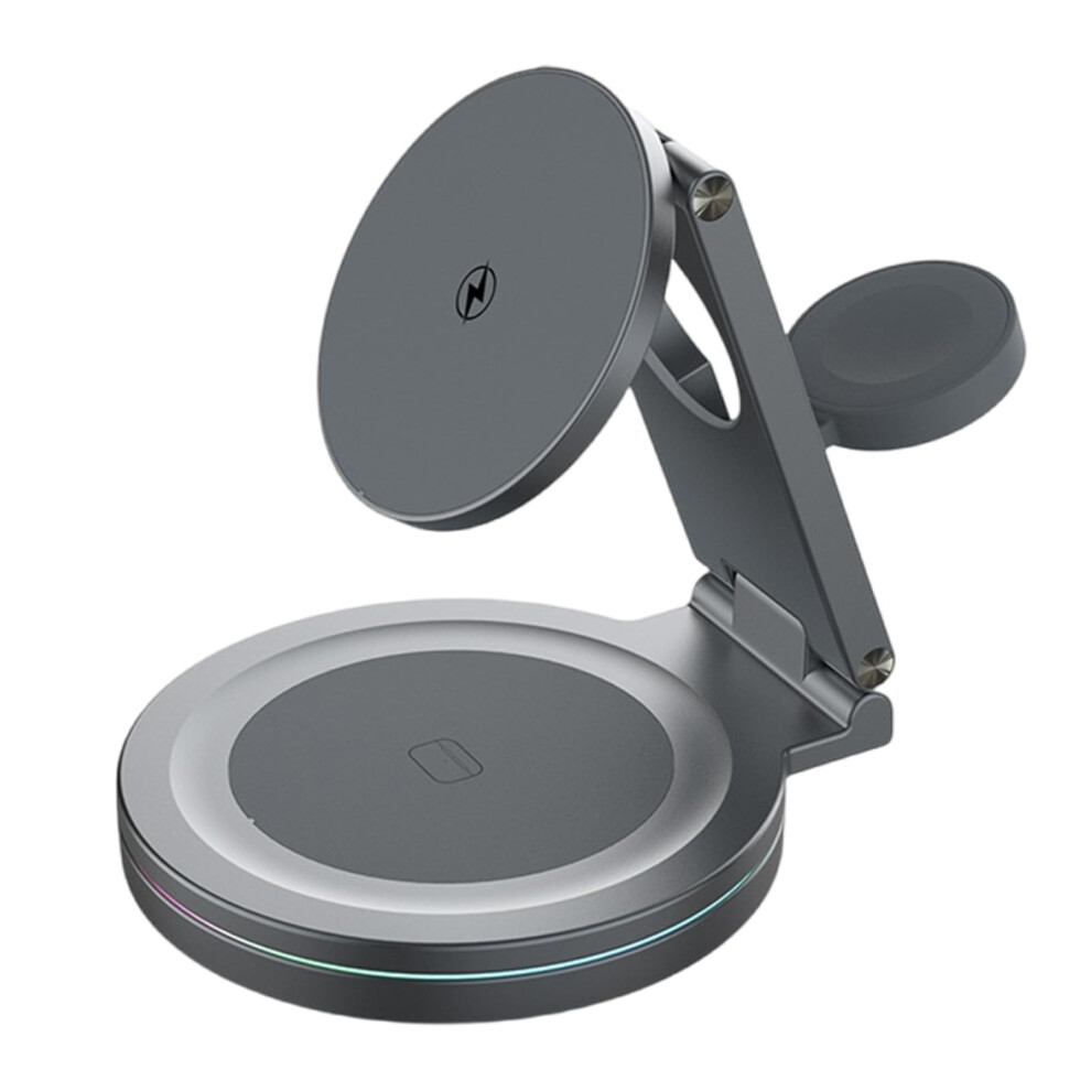 Metal Rotating Charging Stand For Phone And Smartwatch 3In1 Auto Dimming Lights Compact Foldable Gray 9382693017857