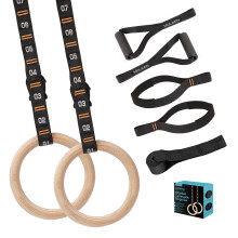 Wooden Gymnastic Rings 1.1Inch Olympic Rings With Adjustable Numbered Straps, 1600lbs Capacity, Includes Workout Handles