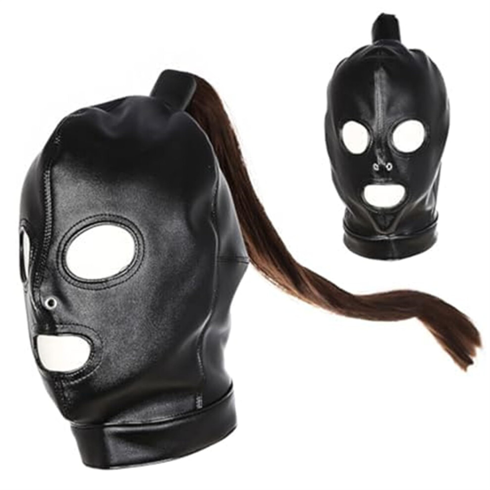 Black Horse Head Mask Leather Monster Hood Halloween Carnival Costume Masquerade Bdsm Cosplay Eye Openings
