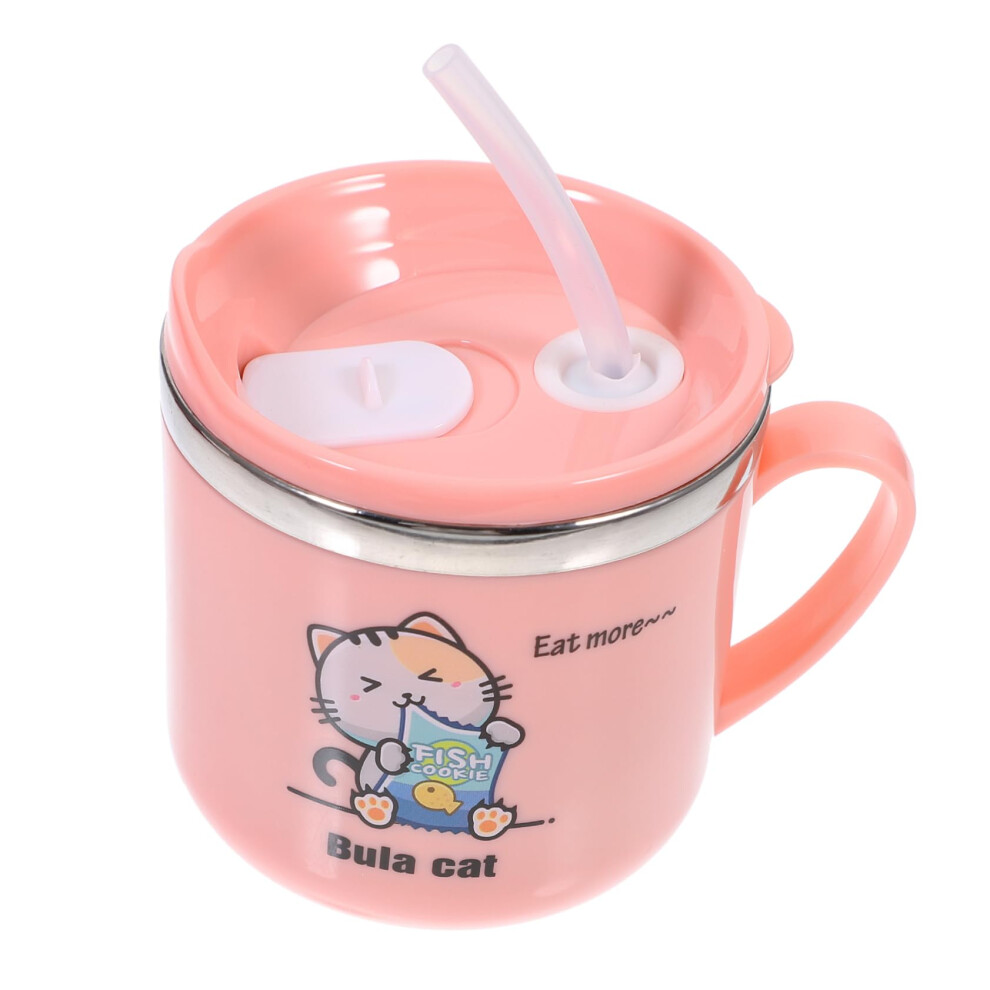 240Ml Stainless Steel Toddler Straw Cup | With Handle | Cartoon Cat Design | Leakproof Sippy Cup | Water Bottle Pink