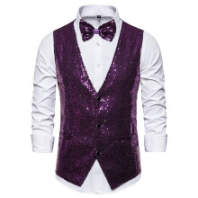 Men's Sequin Jackets Sparkly V Neck Sleeveless Vest XL Purple Disco Costume for 70s 80s Party Streetwear Glitter Vest