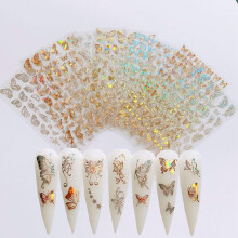 3D zelfklevende nagelstickers voor nagelsalondecoratie, luxe vlinderdesigns met gouden en zilveren vlinders en glinsterende glittereffecten,