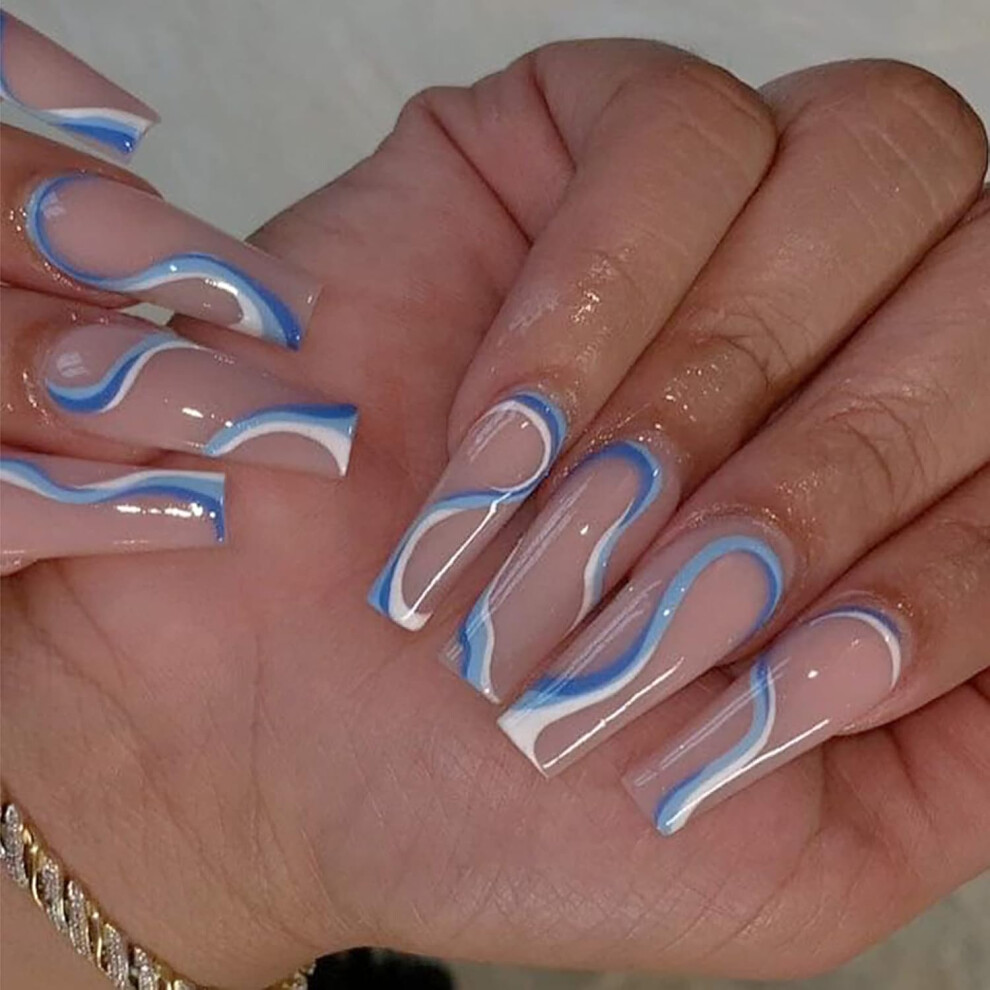 Blue Perfect Gift For Women, Varied Size Selection, Eco-Friendly Abs Resin, Reusable Artificial Nails, Easy To Apply, Coffin Press On Nails, Swirl