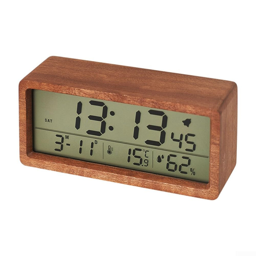Large Screen Wooden Alarm Clock With Temperature And Humidity Sensors For Home Multiple Alarms