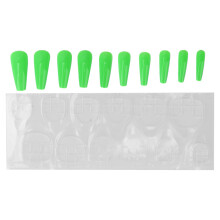 Kunstnagels met volledige dekking, een gladde uitstraling en intense neon groene tinten. Nagellakvrije, direct aan te brengen gelnagels. Acryl