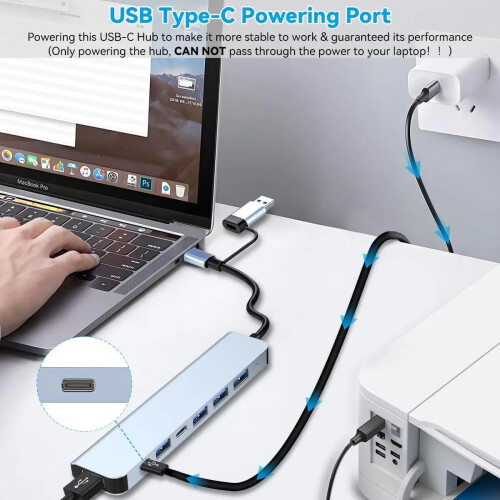 USB C Hub 7 in 1 Multiport Adapter with USB 3.0 for Laptop MacBook PS5 PS4 Switch Printer 2