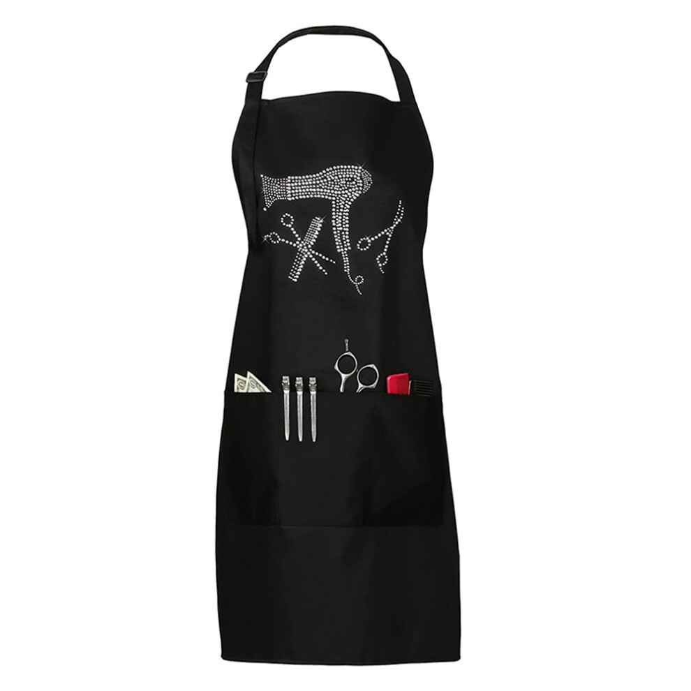 Professional Salon Apron, Rhinestone Design Three Pockets Hairdresser Smock, Adjustable Size Waterproof Workwear for Stylists, Easy Care Fabric with