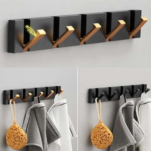 Wall Mounted Coat Rack with Retractable Hooks Space Saving Folding Towel Hanger Black Gold 2 Hook 2