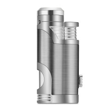 Windproof Straight Blue Flame Metal Butane Lighter, Compact, Transparent Air Window, PushToIgnite, Reusable, Silver