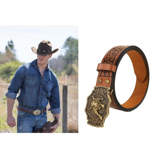 Ζώνη από δέρμα PU Western Cowboy, ρυθμιζόμενο λουράκι μέσης με λουλουδάτη χάραξη και 1