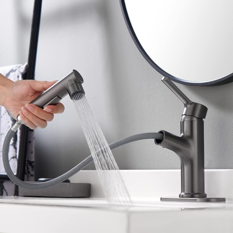 Bathroom Sink Faucet With Pull Out Sprayer, Single Hole, Onehandle Basin Mixer Tap, Pull Down Vessel Spout, Gun Grey 9187378721711