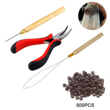 Kit d'extensions de cheveux Feather Styling Tools : 4 extensions à micro-anneaux avec pince à tête courbée, crochet à manche en bois, outil à