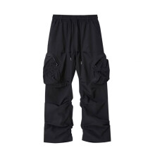 Casual Style Women's Trousers, Breathable Fabric Wide Leg Loose Fit Pants with Adjustable Ankle Cuffs, Pleated Knee Design Functional Side Pockets