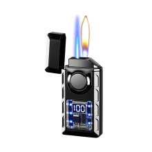 Metal Portable Double Flame Lighter, VoiceActivated Induction Lighter, Four Modes, Visual Air Window, Camping Black