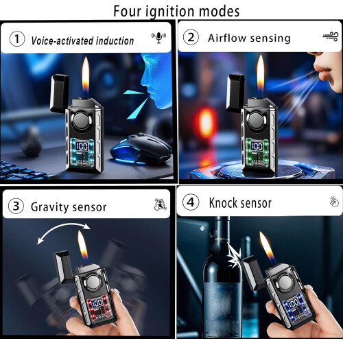 Metal Portable Double Flame Lighter, VoiceActivated Induction Lighter, Four Modes, Visual Air Window, Camping Black 2