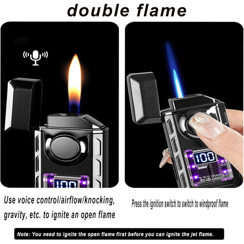 Metal Portable Double Flame Lighter, VoiceActivated Induction Lighter, Four Modes, Visual Air Window, Camping Black 1