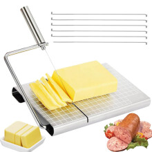 Stainless Steel Cheese Slicer and Cutter with 5 Replacement Wires, Adjustable Thickness, NonSlip Feet