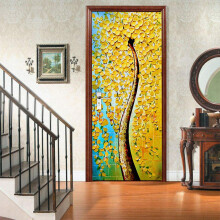 3D Door Murals PVC Waterproof Wall Decal Removable SelfAdhesive Golden Leaves 30.3 X 78.7 Inches For Bedroom