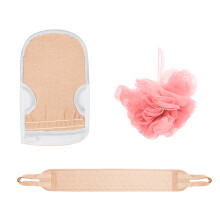 Conjunto de esfoliação suave com 3 peças, inclui esfoliante, esponja e luva, material hipoalergênico, unissex, testado e aprovado para saúde e