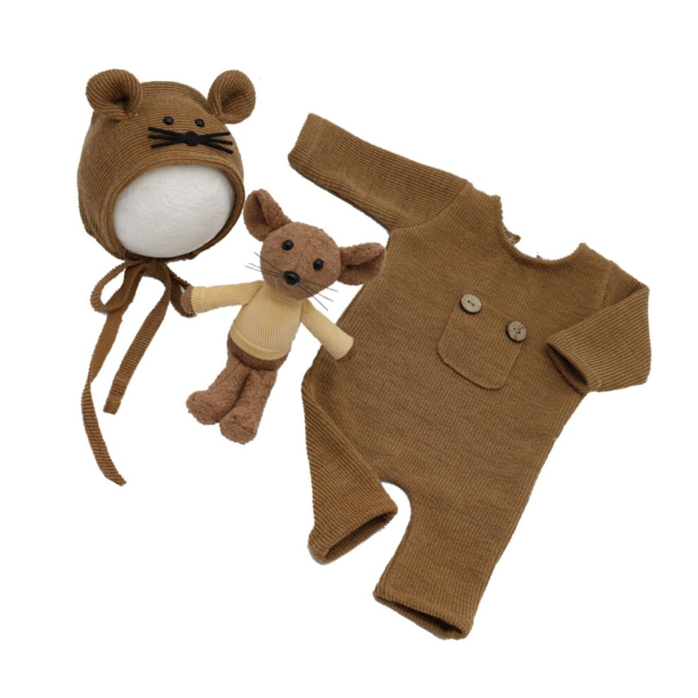 Newborn Photography Knit Jumpsuit Newborn Size Set With Soft Hat Doll Mouse Outfit Photo Props Bundle 9187378727669