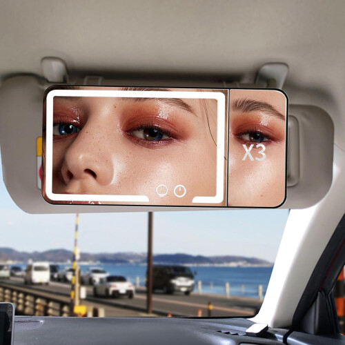 LED Car Visor Mirror with 3 Light Modes, Touchscreen Brightness Control, 3x Magnification 1