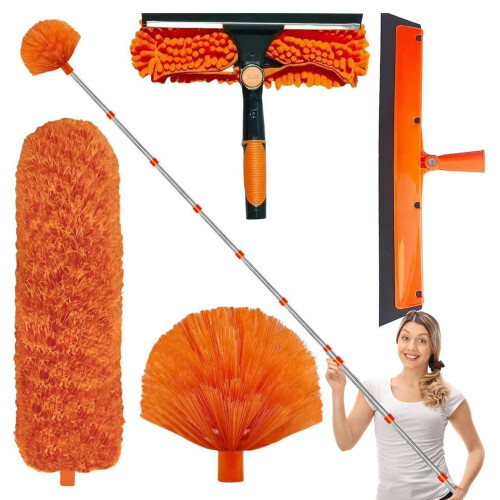 Telescopic Duster, Microfiber With Long Handle, Cobweb Cleaning Tool, Lightweight, Flexible, 7in For Shelf Wall Window Orange