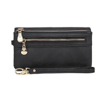 Large Capacity Women's Dull Wallet Double Zipper Clutch Wristlet Purse Phone Coin Card Holder Multi Pocket Black