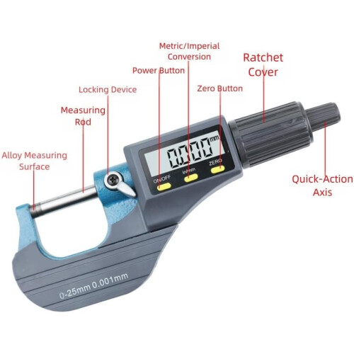 0.25mm Digital Outside Micrometer With ABS Setting, Large Display, Hardened Alloy Faces, 0.001mm Resolution 2