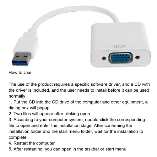 1080P USB3.0 to VGA Adapter Cable 5Gbps External Video Card White 2