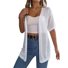 Sommer-Cardigan für Damen, Kurzärmelig, V-Ausschnitt, Häkel-Optik, Lockere Vorderseite, Offen, Hohl, Überzug Weiß L