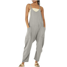 Macacão feminino sem mangas com decote profundo, estilo harém, com decote em V profundo e costas nadador. Macacão casual folgado com 2 tamanhos