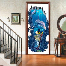 3D Door Sticker Wallpaper Mural Removable Waterproof Vinyl Blue Dolphin Sea Decal 30.3X78.7 Inches For Living Room
