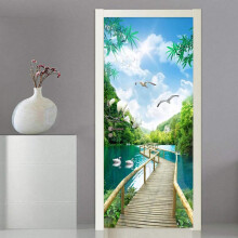 3D Door Stickers Mural Waterproof PVC Wall Decal Self Adhesive Removable Forest Lake View Wooden Bridge 30.3x78 In