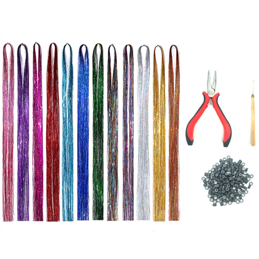 Easy-To-Apply Fairy Hair Tinsel Kit, Includes 120cm Glitter Hair Extensions, 200 Micro Silicone Links, Pliers, And Crochet Tool, Perfect For Festive