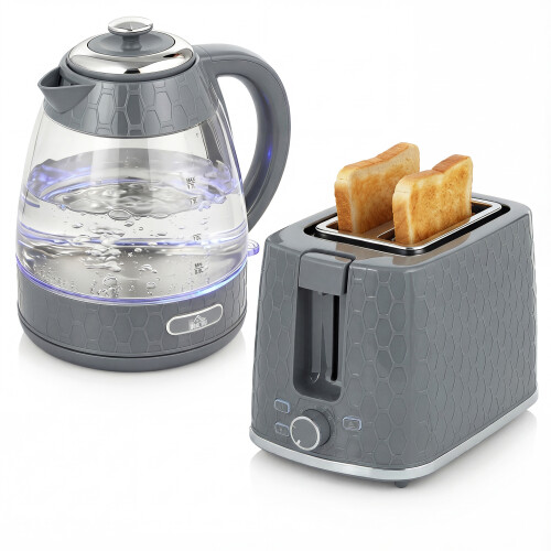 Homcom (Grey) HOMCOM Kettle and Toaster Set with Limescale Filter, Crumb Tray 1