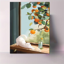 Paint by Numbers Cat Fruit Oil Painting Kit on Canvas with Brushes and Acrylic Pigment 18x24 Inch 45x60 Cm DIY Frame