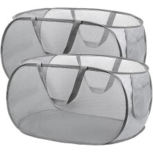 2 Pack Pop Up Laundry Hamper with Side Pocket, Large Collapsible Basket for Clothes Storage, Grey