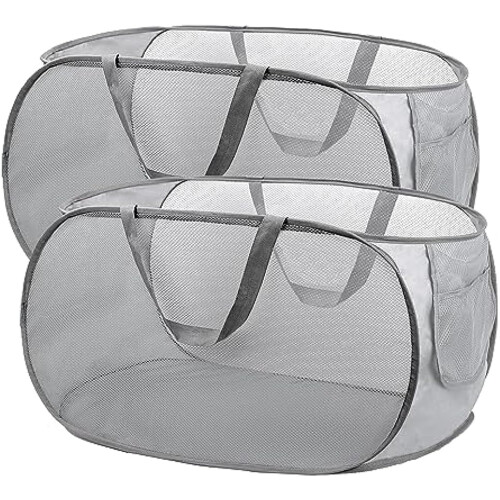 2 Pack Pop Up Laundry Hamper with Side Pocket, Large Collapsible Basket for Clothes Storage, Grey