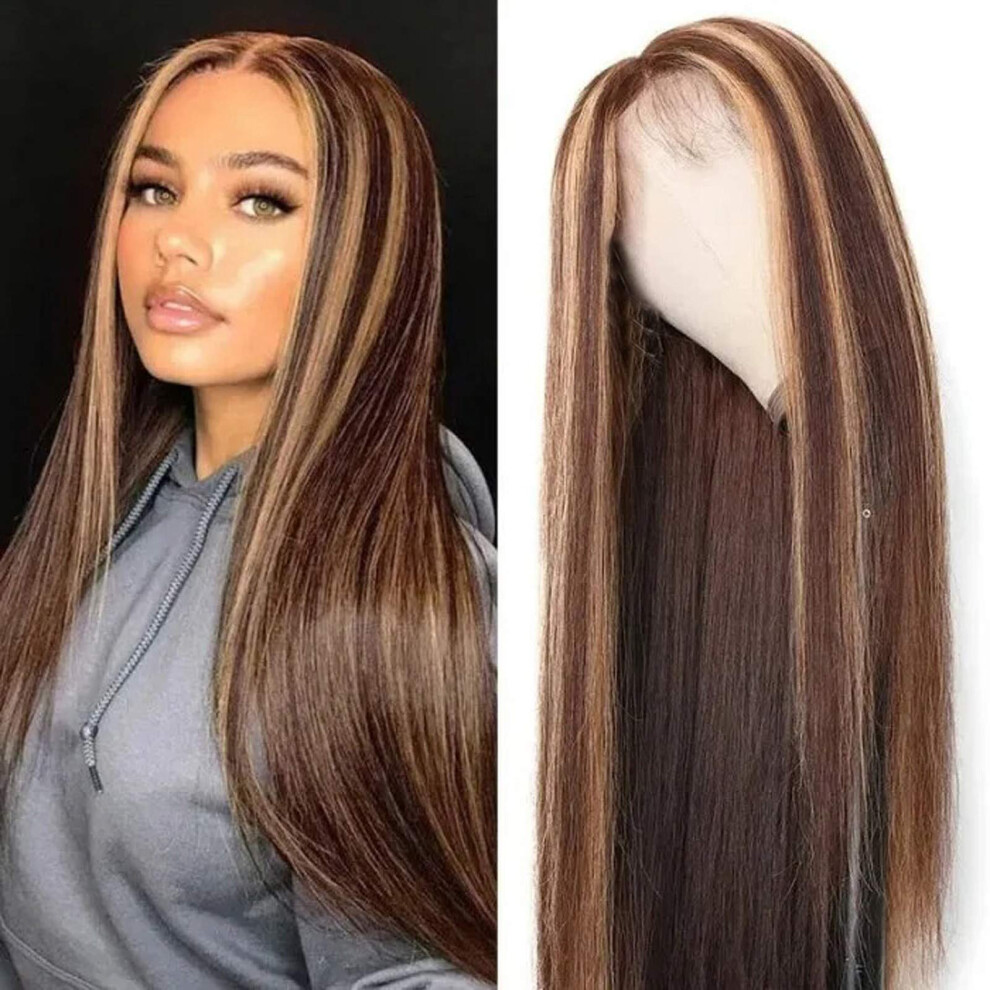 Synthetic Lace Front Wig Long Straight Blonde Brown Mix with Highlights Adjustable Lace Cap