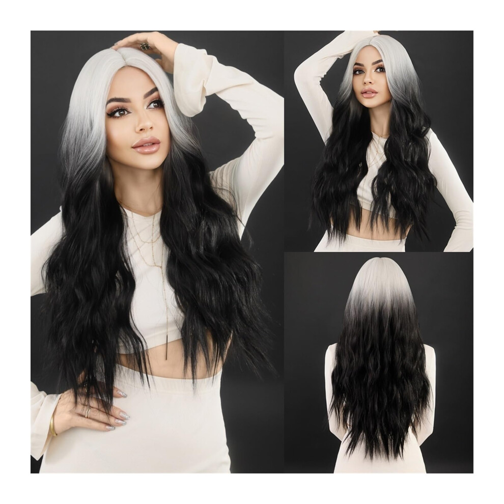 Unisex White,Black Wig For Women Ombre Black White Wavy Hair Wig For Cosplay Party Synthetic Heatresistant Middle Part Curly Lolita