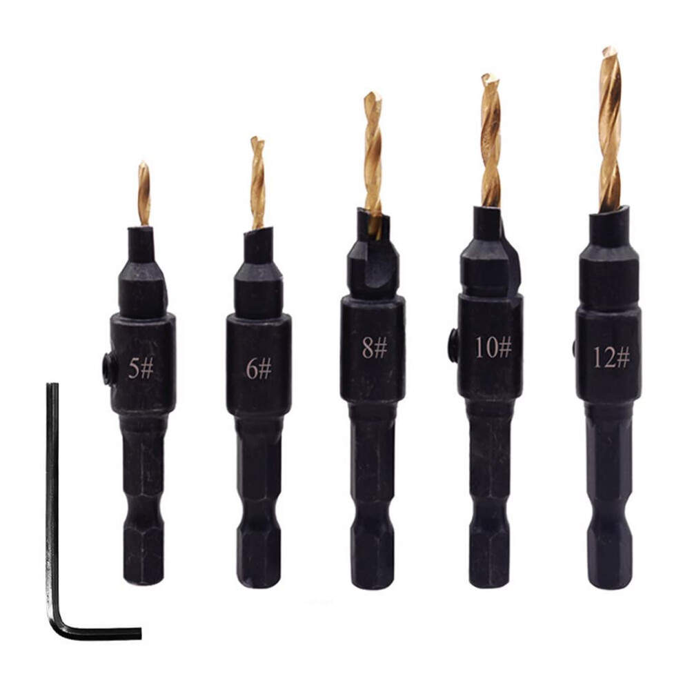 5Pcs Countersink Drill Bit Set, Speed Steel Coated, With Hex Key Wrench, For Woodworking And Carpentry 9094768714515
