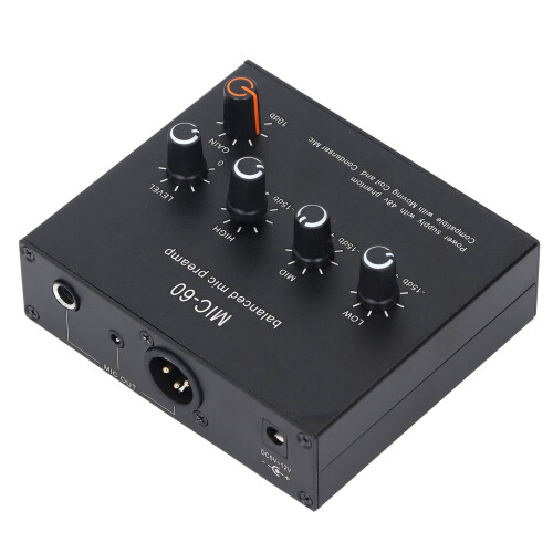 Mic Amplifier with Balanced Output 60dB Gain 3.5mm/6.5mm/XLR Inputs 48V Power