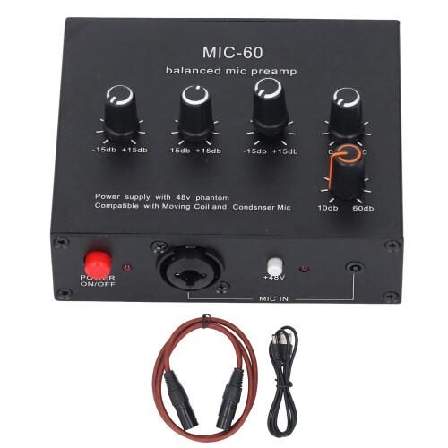 Mic Amplifier with Balanced Output 60dB Gain 3.5mm/6.5mm/XLR Inputs 48V Power 1