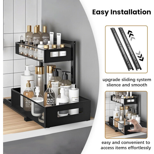 Under Sink Organizer 2Tier PullOut Cabinet Organizer Baskets, Adjustable Height, SlideOut Shelf, Black, 1 Pc 1