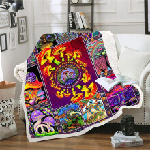 Psychedelic Mushroom Blanket, Hippie Plant Throw For Couch, Colorful Sherpa Fleece, 59 X 79 Inches, Classic Purple