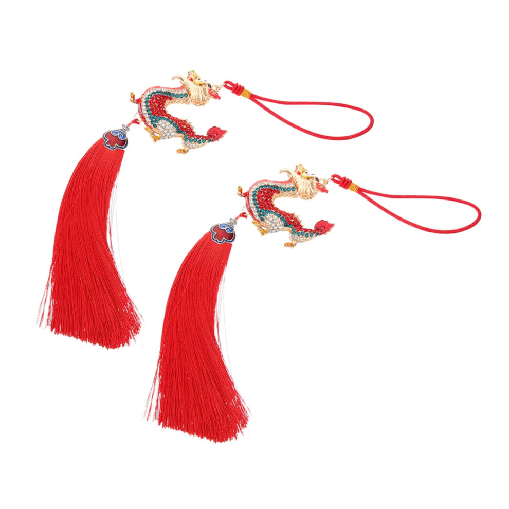 Dragon Decor Car Hanging Ornament Zinc Alloy Rearview Mirror Tassel Charm 2Pcs Car Accessory 9382693012227