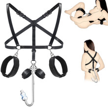 Vibrating Anal Hook BDSM Kit With Thigh Sling Harness Behind Back Handcuffs, 3Ball Anal Trainer With 9 Vibration Modes