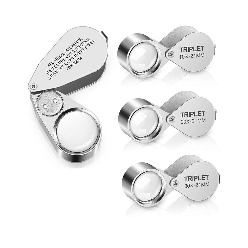 4PCS Illuminated Jewelers Loupe Magnifier, 10X 20X 30X 40X Full Metal Magnifying Glasses, Pocket Foldable Jewelry Loop